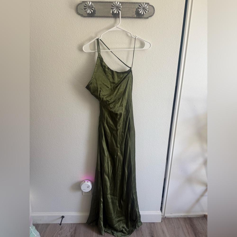 Hello Molly Olive Green One-Shoulder Satin Gown - Picture 5 of 6